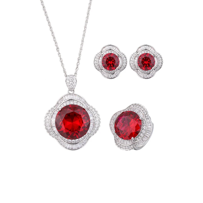 

Micro Setting Clear CZ Jewelry Red Ruby Imitation Green Emerald Pendant Necklace Adjustable Ring Stud Earrings Jewelry Set