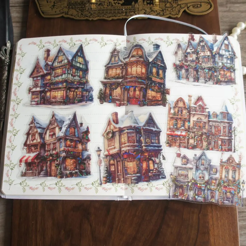 

10 Pcs Laser Diamond Pattern Ancient Shops in The Small Town Style PVC Sticker Scrapbooking DIY Gift Decoration Tag