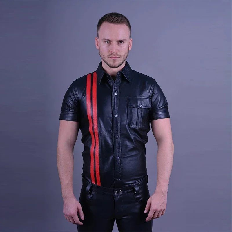 Men's Turn-down Collar Matte Leather Jacket Shirt Male Short Sleeve Striped Single Row Button PU Jacket Coat New Clothing Custom