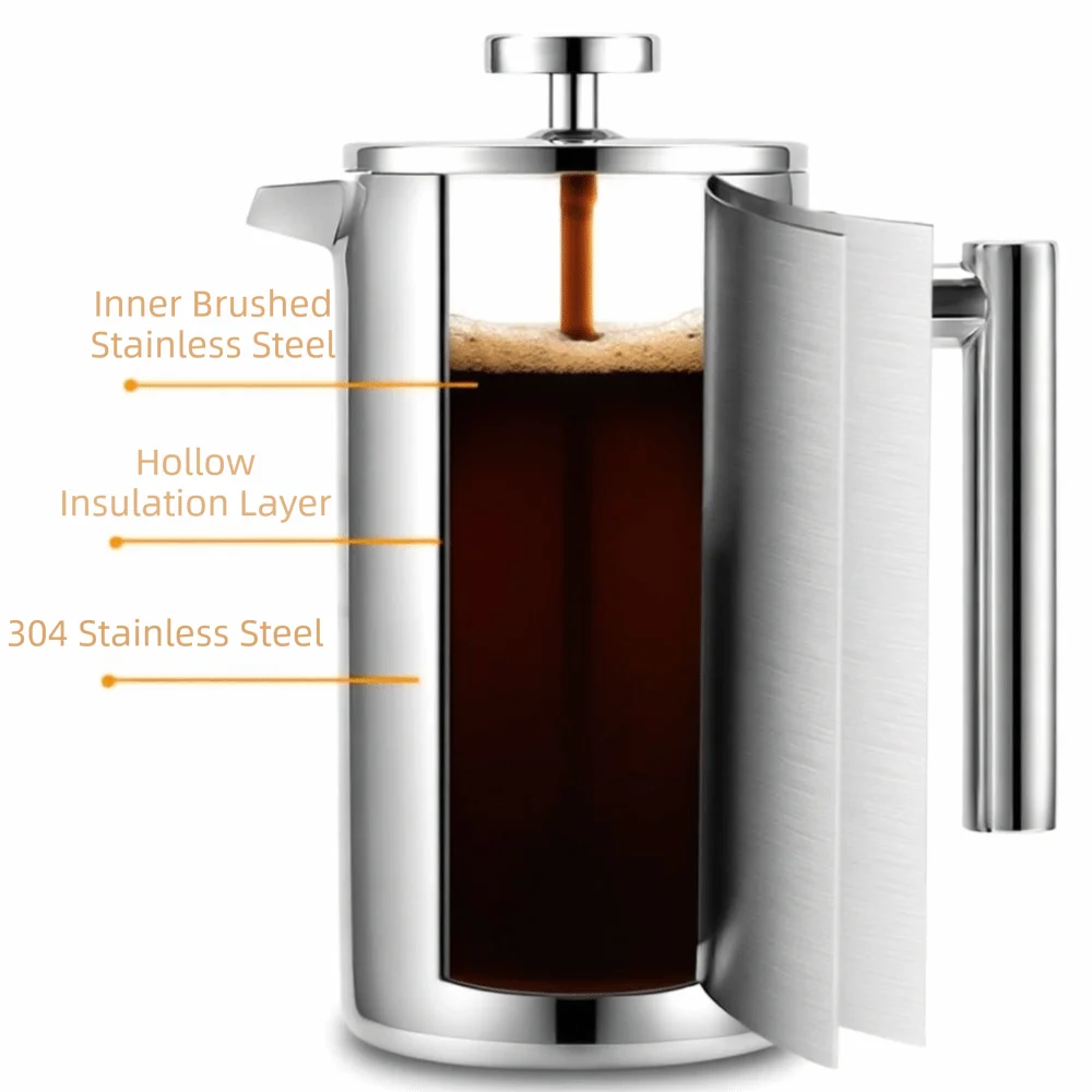 350/600/800/1000/1500ml French Press Coffee Maker Filtration System Double Wall Stainless Steel Coffee Brewer Easy Clean