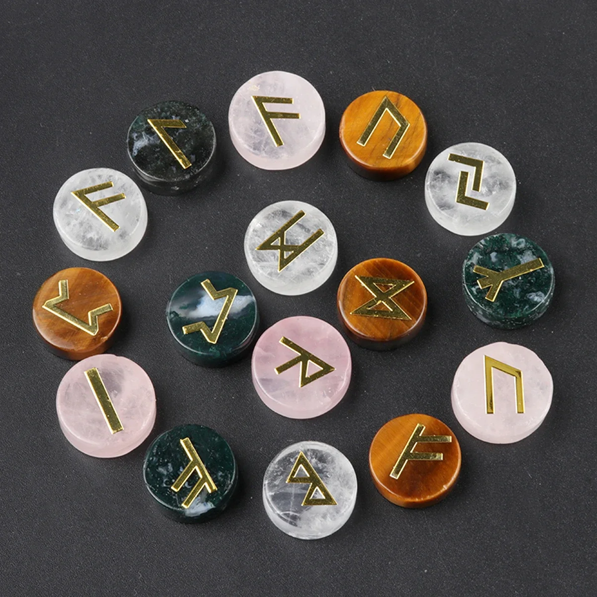 25pcs/set Natural Stone Crystal Agate Lun Letter Perforated Round Plate Healing Gemstone Home Stone Decorations Ornaments