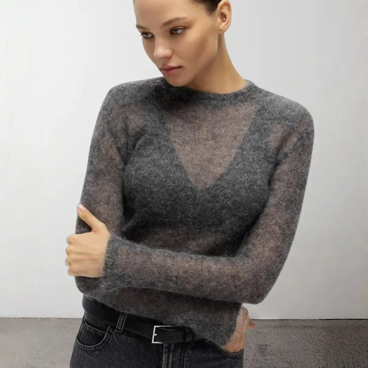 

Absobe 2025 Fall Winter Women See Through Sweater Knit Top Slim Long Sleeve Pullover Solid Color Sexy Sheer Layering Streetwear