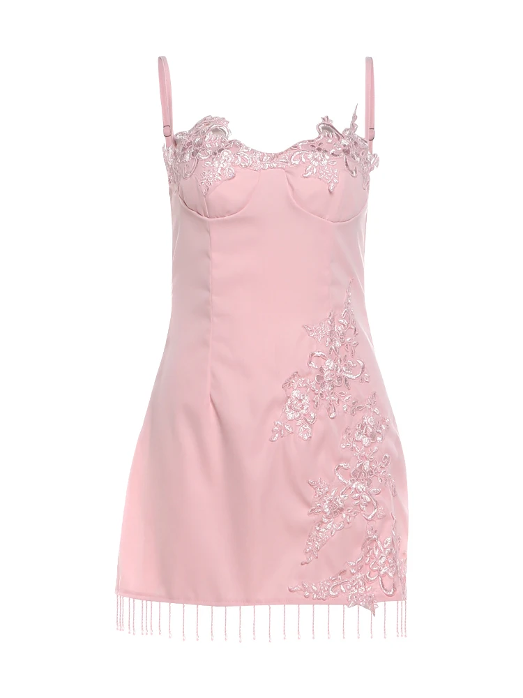 Weird Puss Perlen-Quastenkleid für Damen mit Blumenapplikationen, tiefem Ausschnitt, ärmellos, figurbetont, süß, elegant, für Strandpartys, klassisches Mini-Bodycon-Kleid – Detail 2