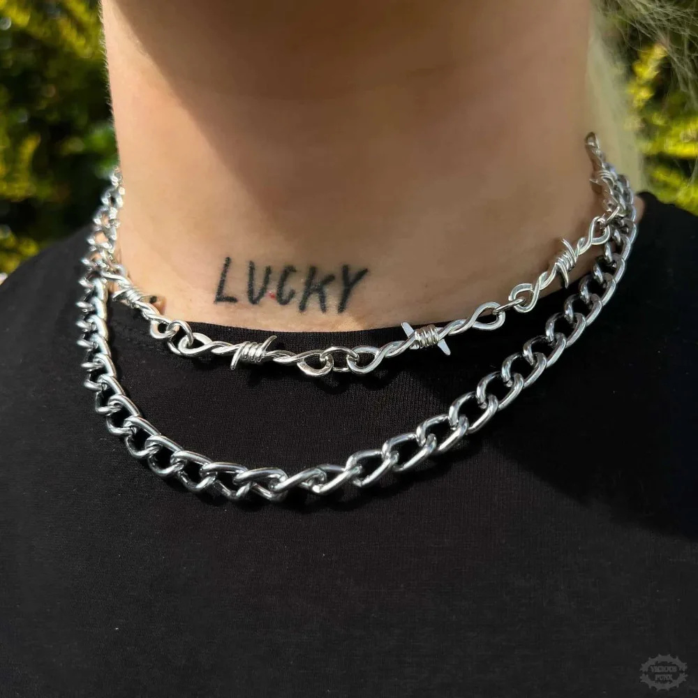 Hip-hop Personality Silver Tone Barbed Wire Thorn Chain Double-layer Choker Necklace for Men Women Jewelry Streetwear Accessory