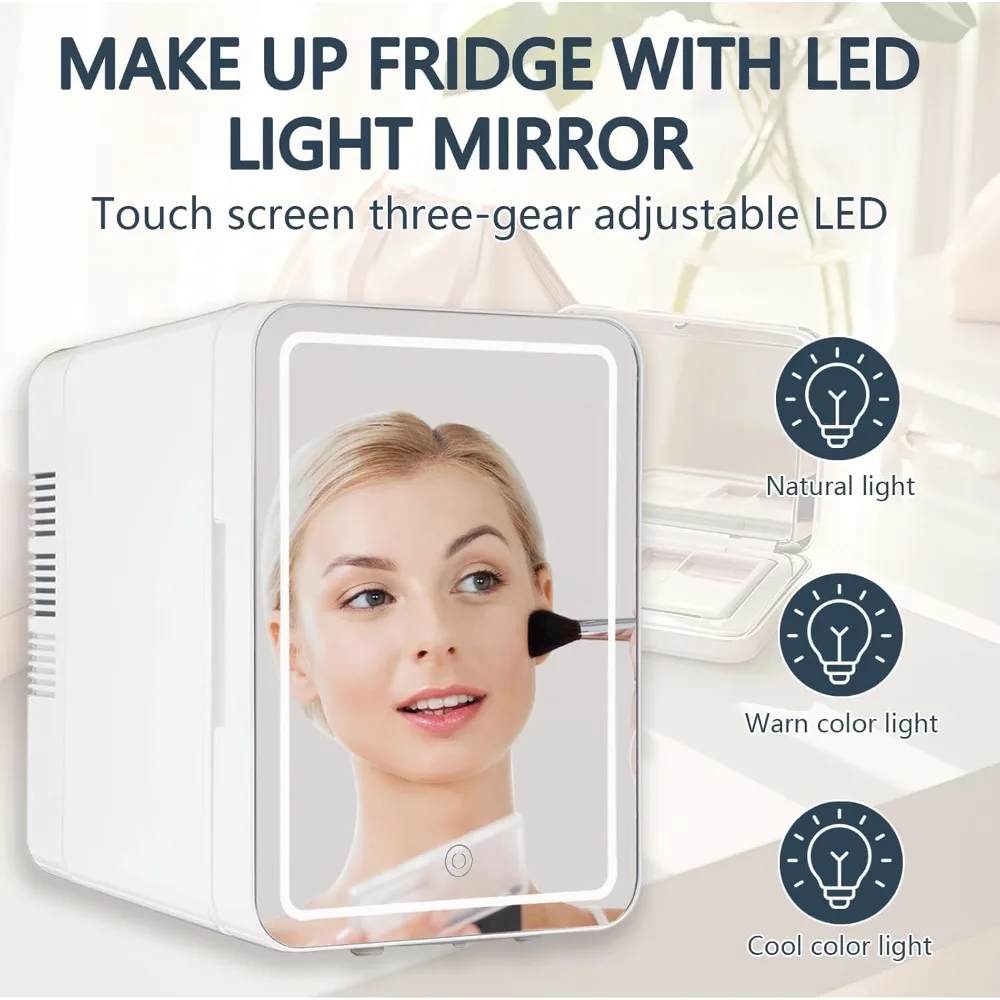 Mini Fridge, Skincare Fridge -With Dimmable LED Mirror (4 Liter/6 Can), Cooler and Warmer, for Refrigerating Makeup