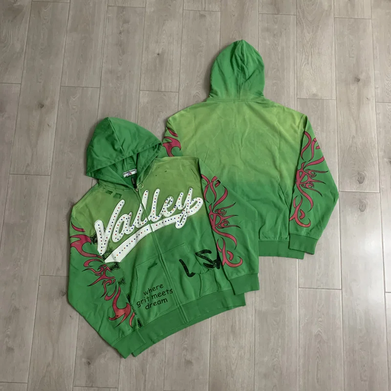 VALLEY Oversized Vintage Graffiti Cursive Text Zip Hoodie All Over Print Fit Y2K Hip Hop Sweatshirt Men's Clothing