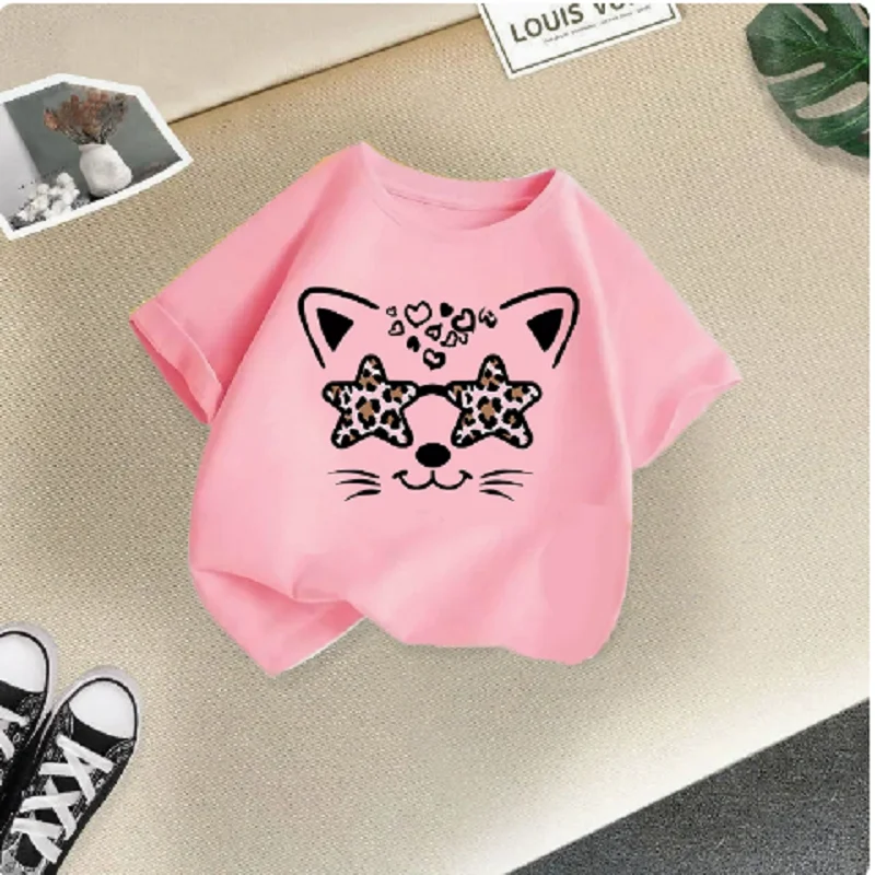 2026 New Cross-Border Girls 'Short-Sleeved Children's T-shirt – Cute Cat Print Korean Style Mid-to-Young Children's Summer Wear