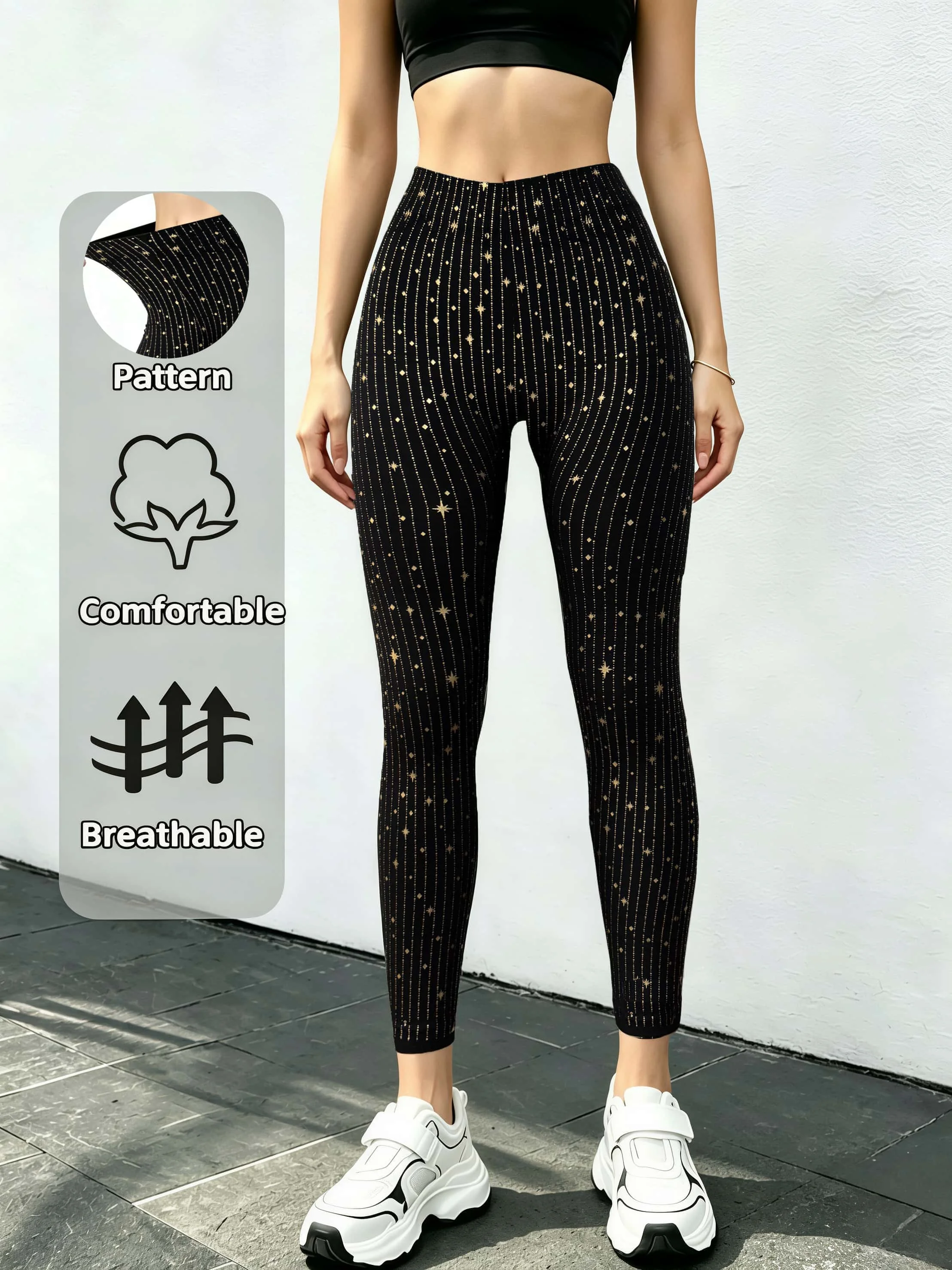 Women's Versatile High Waist Golden Star Printed Capri Pants Soft Comfortable Breathable Slim Leggings Ideal For Street Walking