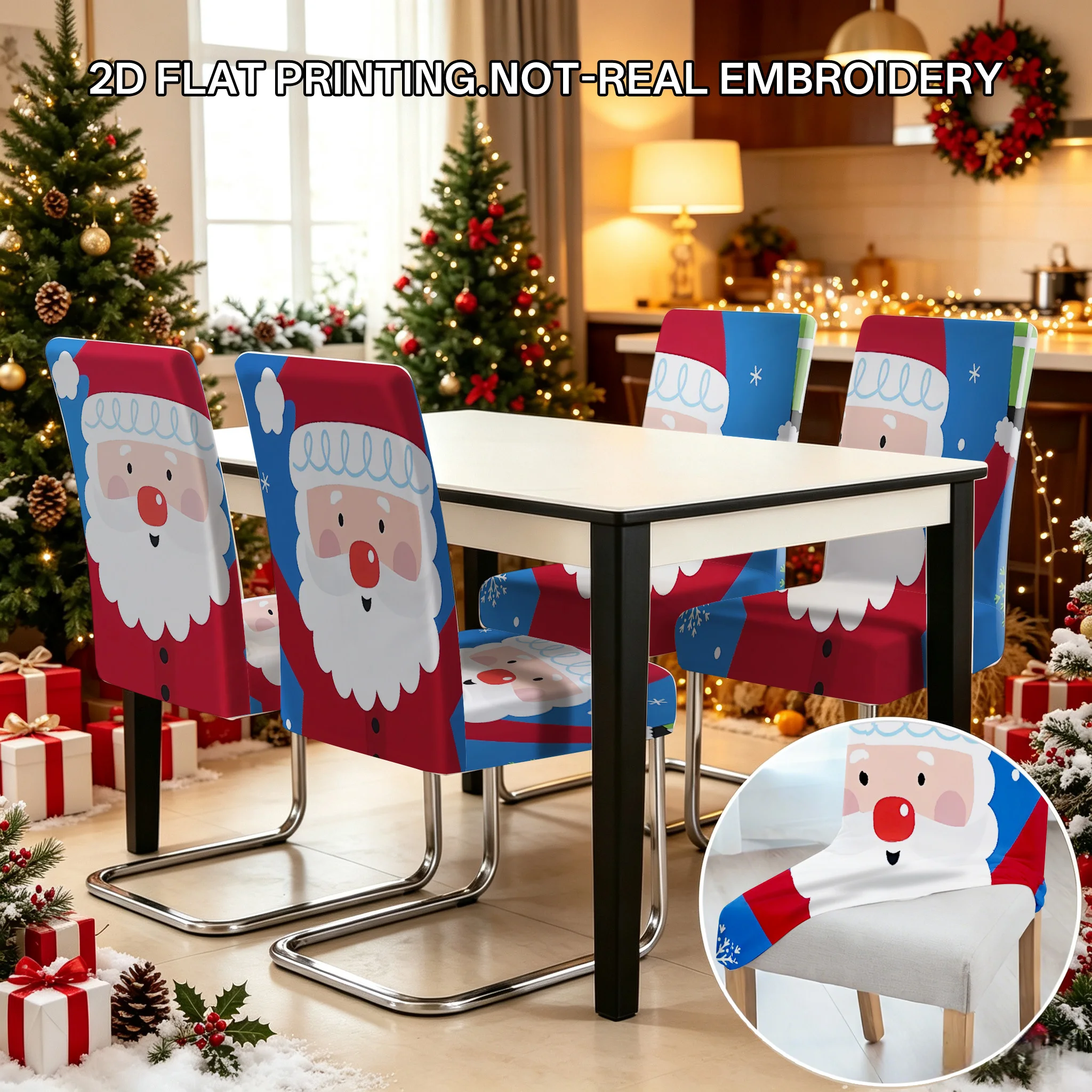 2/4/6 PCS Cartoon Christmas Santa Claus Elastic Dining Chair Covers, Cute 2D Flat Printed Christmas Decoration Chair Covers
