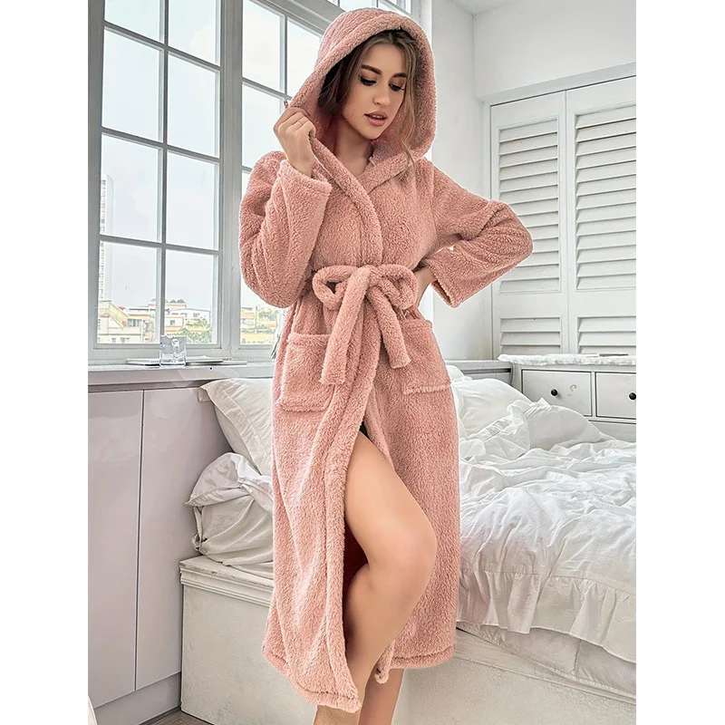 Hooded Fall Winter Plush Loose Bathrobe Long-sleeved Double Sided Velvet Warm Home Clothes Thicken Sleepwear Morning Robe Women