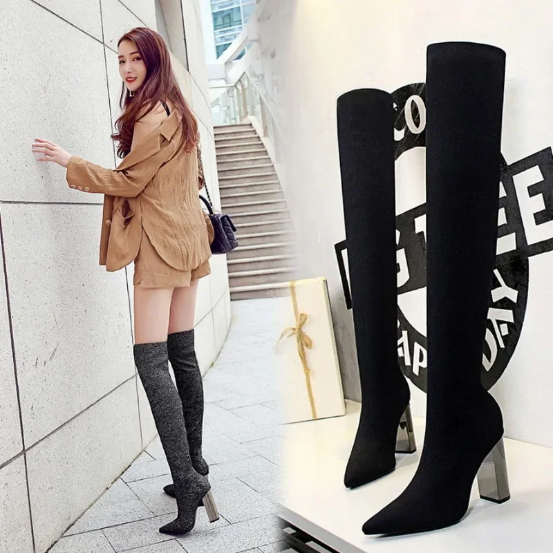 Sexy Women Over The Knee Boots High Mature Heels European and American Fashion Simplicity Metal and Thick Heels Women\'s Shoes