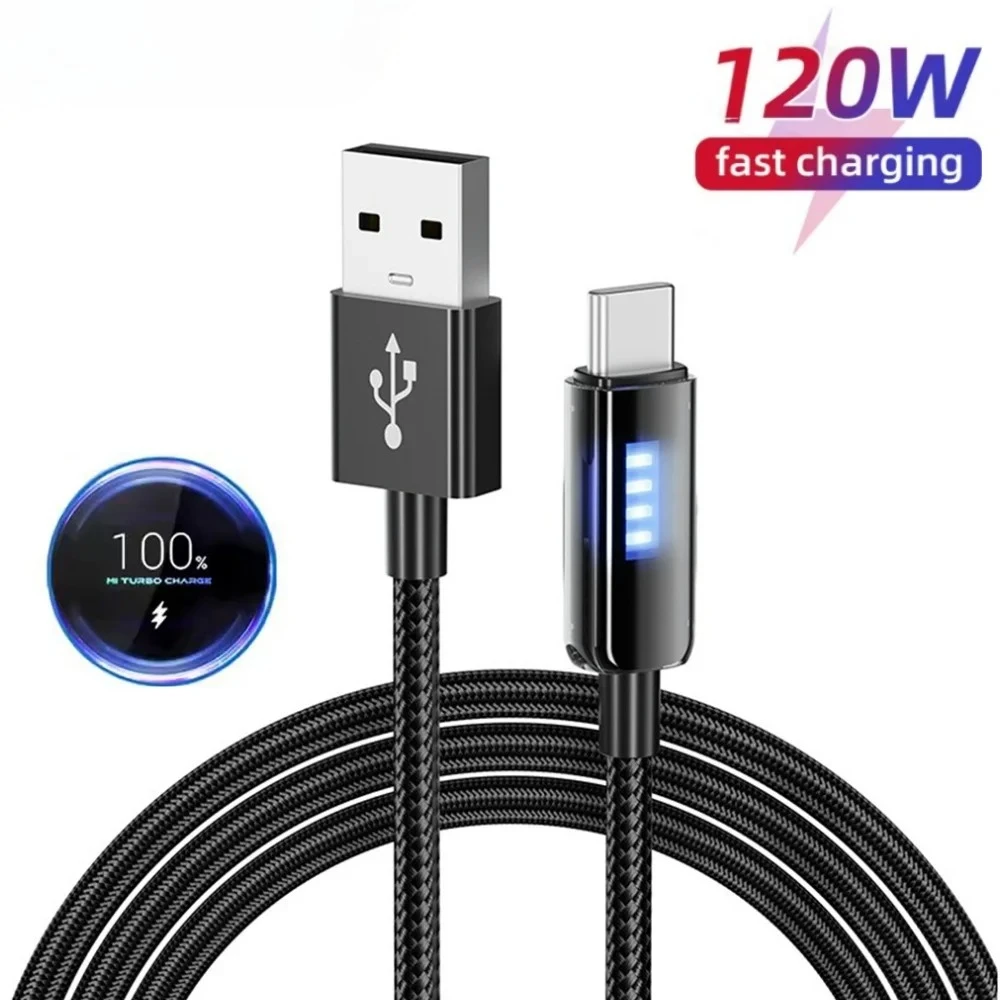 120W Fast Charge USB Cable Mobile Phone Fast Charging Type C Charger Cable With Horse Racing Indicator Light For Samsung Huawei