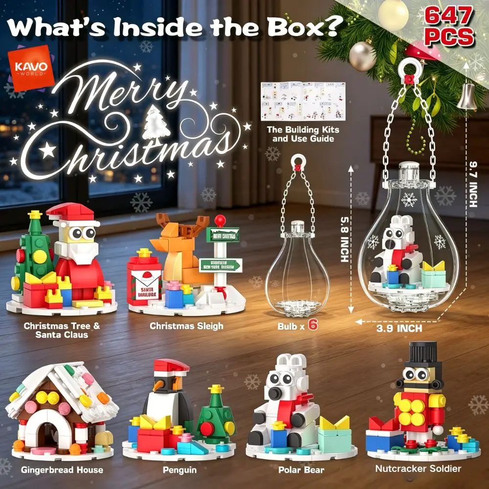 KAVOWORLD Christmas Light Bulb Building Block Ornaments Mini Bricks Pendant DIY Assembly Model Kits Xmas Tree Hanging Decor Gingerbread House Santa Reindeer Bricks LED Light Home Window Party Holiday Display Christmas New Year Gift Toy for Family Friends