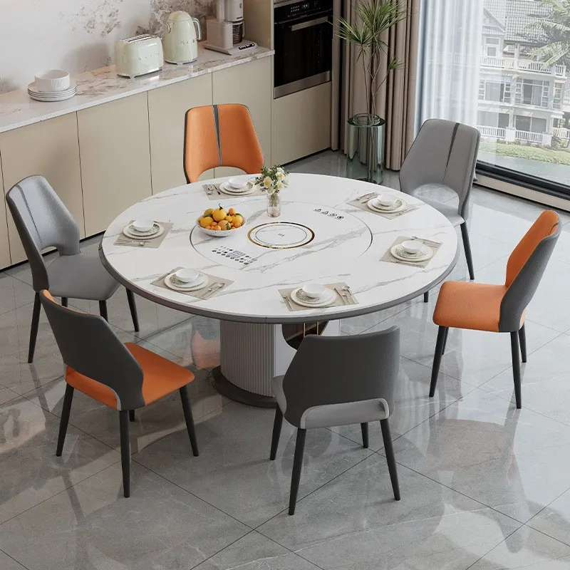 Sintered stone dining table and chair set with induction cooker, hot pot heating board, variable round table table, and built-in