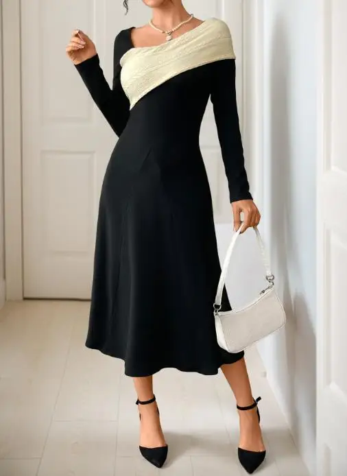 

French Elegant Women's Dress 2025 Irregular V-Neck Diagonal Collar Spliced Long Sleeved Women's High Waist Casual A-Line Dress