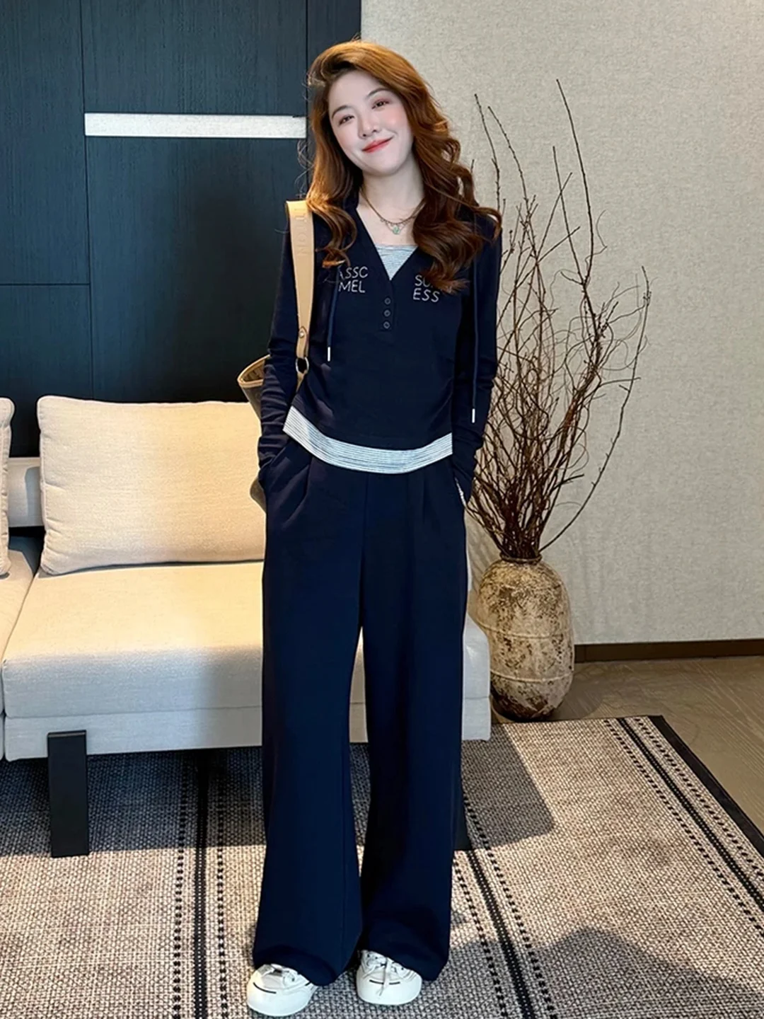 plus Size Set Fake Two-Piece Hooded Top And Pants Women's Autumn New Style Complete Set Korean System Fat MM Matching Two-Pie...