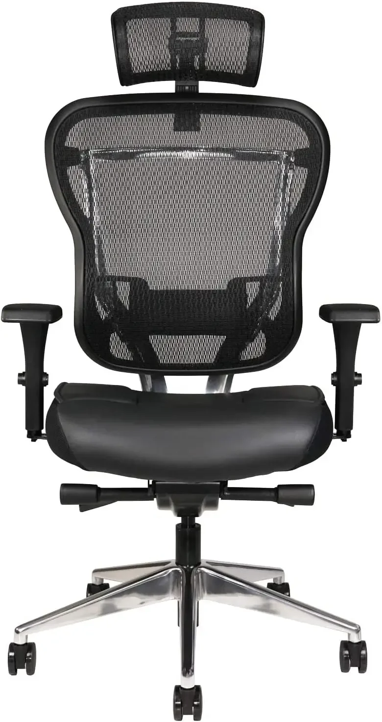 Ergonomic Office Chair, high-back with genuine leather seat, mesh back, adjustable lumbar support, swivel tilt (Tall, Headrest).