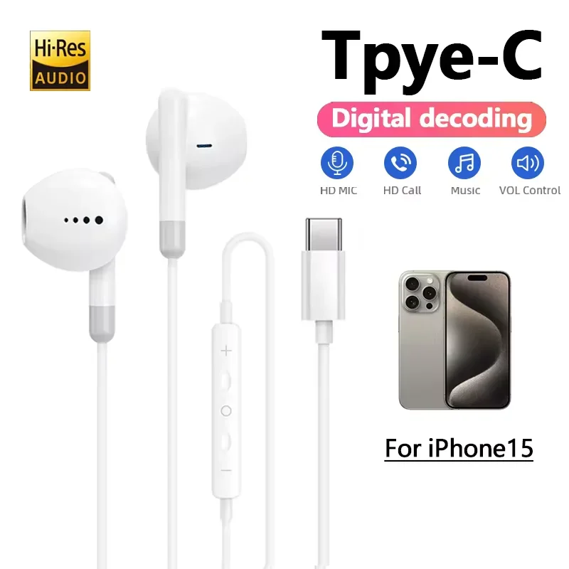 HIfi-Kopfhörer für Apple iPhone 15 Pro Max, halb-in-ear-Kopfhörer mit Mikrofon, kabelgebunden, für Samsung Huawei Xiaomi USB-C-Kopfhörer