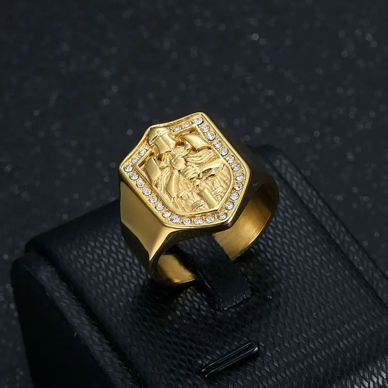 Megin D Stainless Steel Titanium Hip Hop Knights Templar Zircon Rings for Men Women Couple Boyfriends Gift Fashion Jewelry