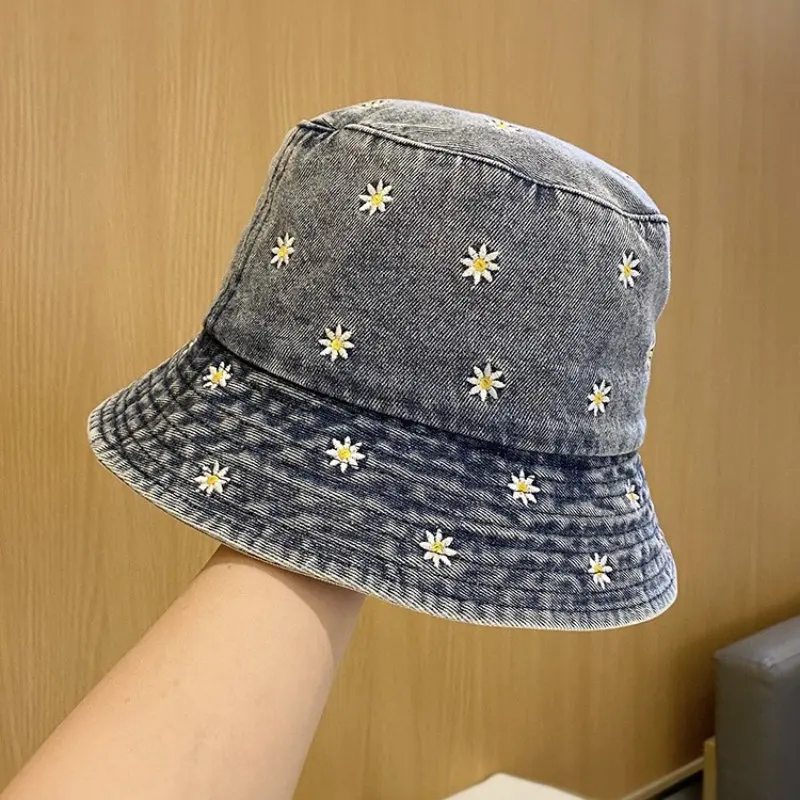 Spring Denim Cartoon Flower Embroidery Bucket Hat Fisherman Hat Outdoor Travel Sun Cap For Girl And Women