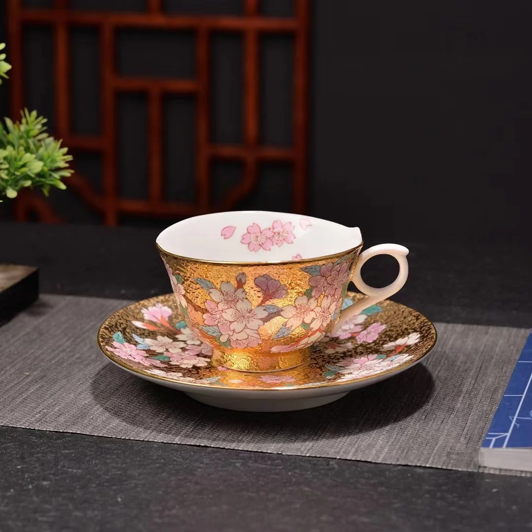 Hand Painted Golden Flower Coffee Black Tea Cup Cherry Blossom Single Cup and Saucer Tiantong Maple Leaf Single