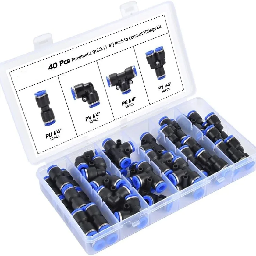 40Pcs/60Pcs Box 1/4 Inch PU/PY/PE/PV Quick Release Pneumatic Connector Push In Connector Pneumatic Fittings Set