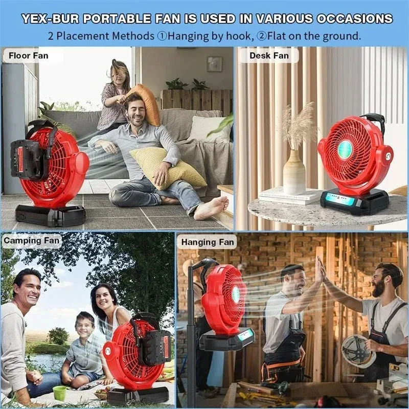 

Camping fan For Milwaukee 18V Li-ion Battery portable battery powered fan with timer, cordless working fan for site workshop