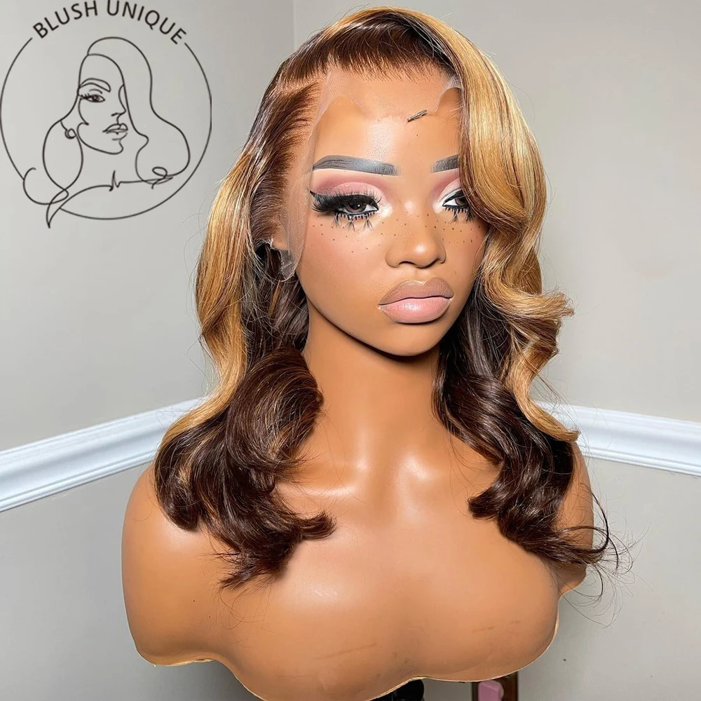 

Highlight Skunk Stripe Lace Front Wig Honey Blonde with Brown Body Wave Lace Front Wigs Chocolate Brown Synthetic Glueless Wigs