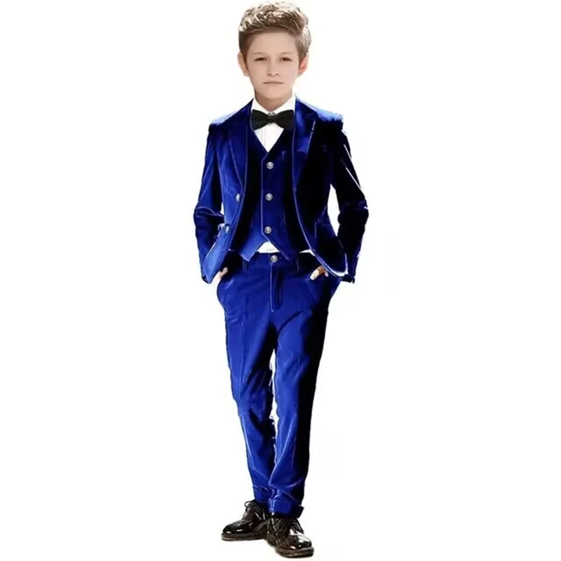 

Stylish Slim Fit Velvet Boy's Suit Set 3 Pieces Tuxedo For Formal Occasion Blazer Vest And Pants Kids Outfit For Wedding Prom