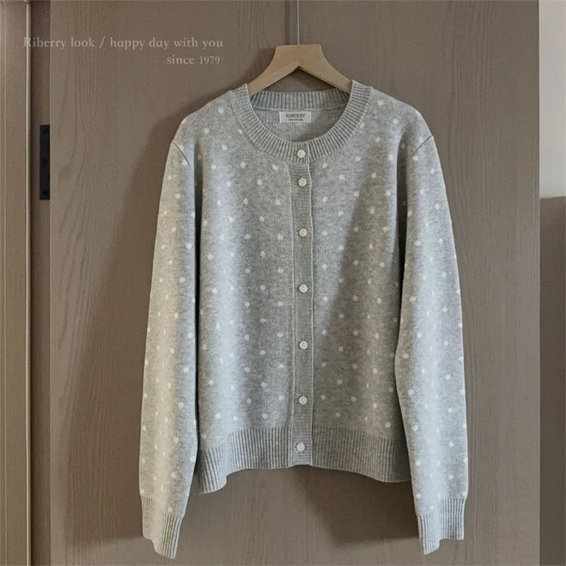 Japanese Lazy Style Women Spring Polka Dot Soft Knit Cardigan Sweater Coat Tops