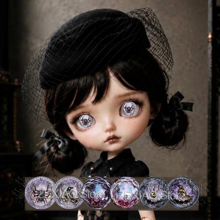 Blythe BJD Doll Eye Chips Glass Cabochon Eyes Gothic Fantasy Raven Spider Crystal Flame Pattern Eye Chips Doll Accessories MS17
