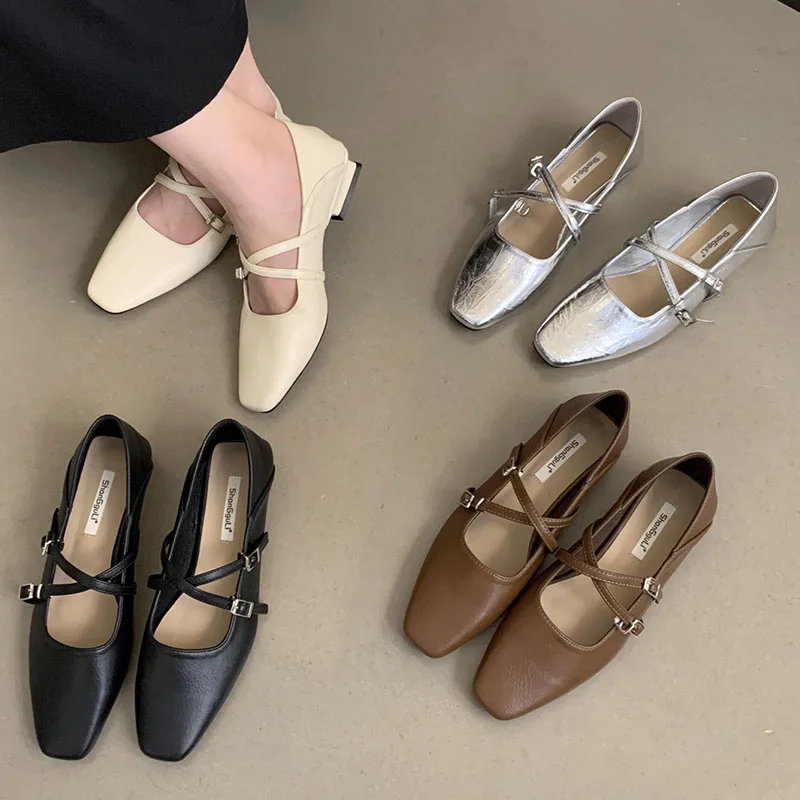 New Mary Jane Single shoes Flat Heel Shoes Elegant Classic Retro Square Toe Comfortable Soft Shallow Women's Loafer Sliver Mujer