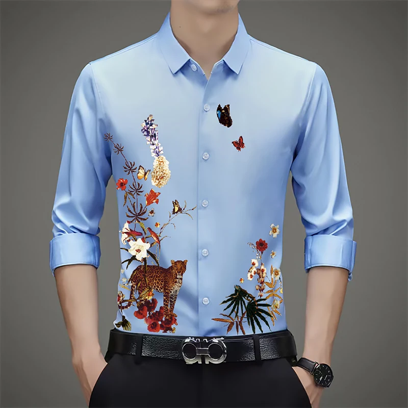 

Hot Sale Men's Fashion Printing Clothes Tops 2023 Spring Long Sleeve Floral Shirts Male Casual Flowers Printing Dress Shirt