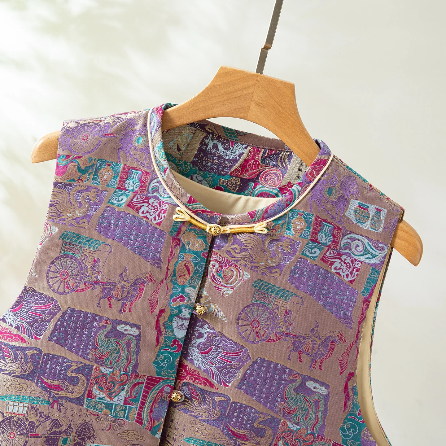 실크 탕 자수 조끼 라운드 넥 여성용 슬레 아우터웨어 전통 중국 패션 세계 여행 시리즈