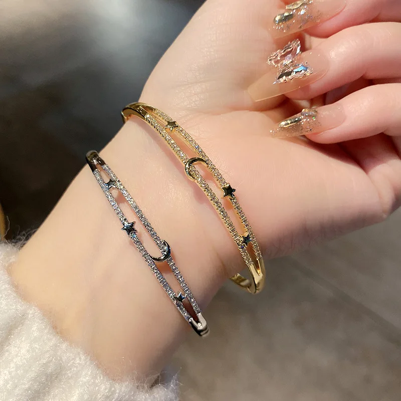 الفاخرة طبقة مزدوجة مايكرو تمهيد مكعب الزركون القمر ستار الإسورة للنساء الذهب والفضة مطلي مجوهرات الأزياء الإكسسوارات هدايا 1712 #5