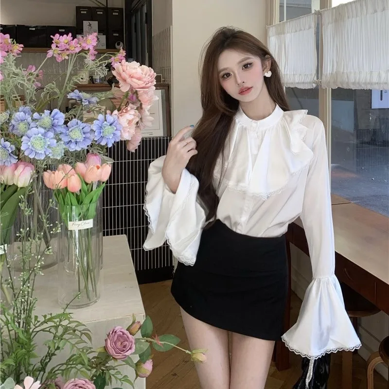 เสื้อเชิ้ตแขนบานผ้าชีฟองลูกไม้สำหรับผู้หญิง รุ่นใหม่ ดีไซน์หรูหรา ทรงหลวม ช่วยพรางหุ่น รุ่น TT987