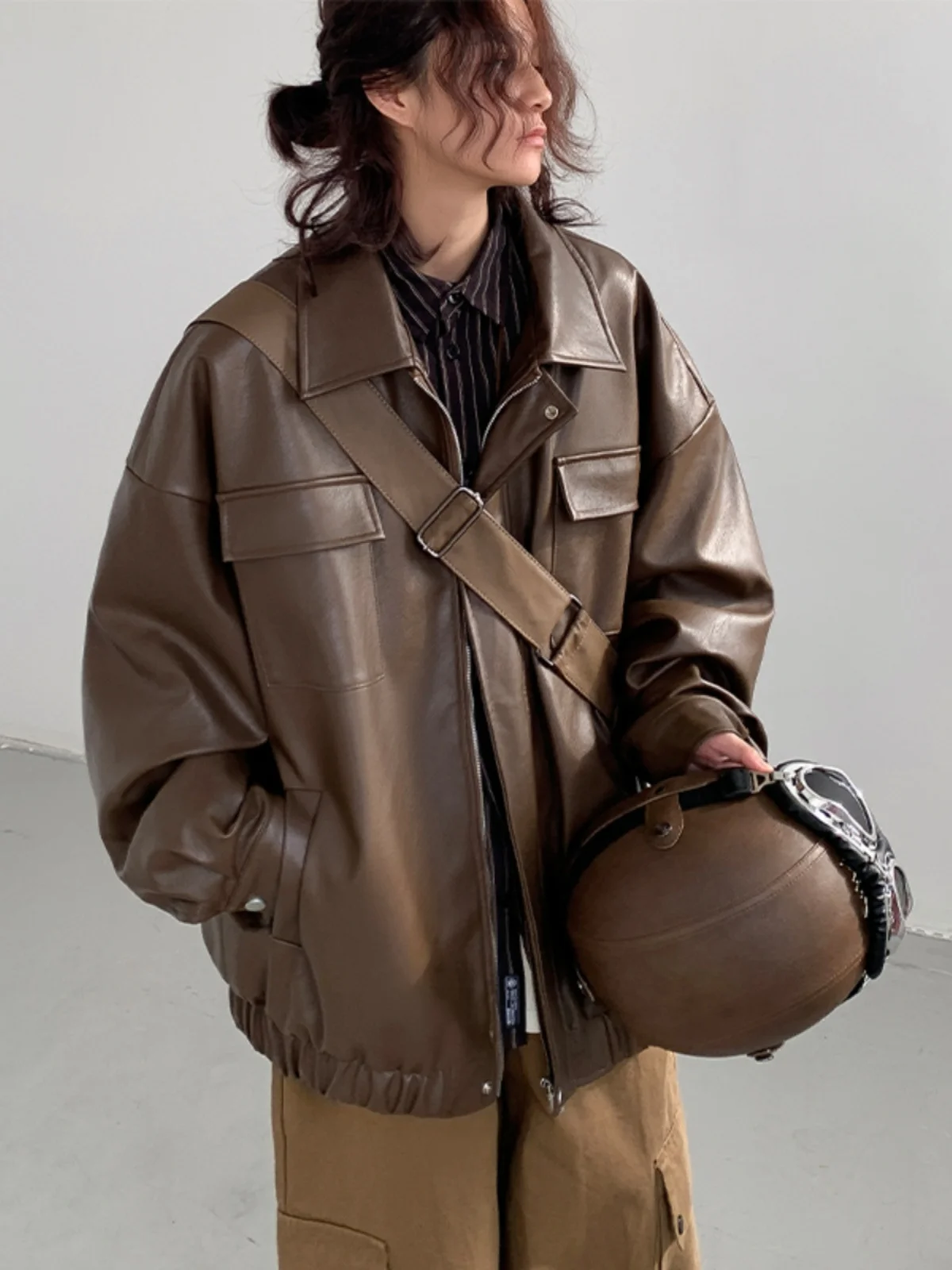 

American Sle Loose PU Leather Jaet Men's Faionable Motorcycle Vest Autumn Spring Season Youth Sle Windproof Zipper