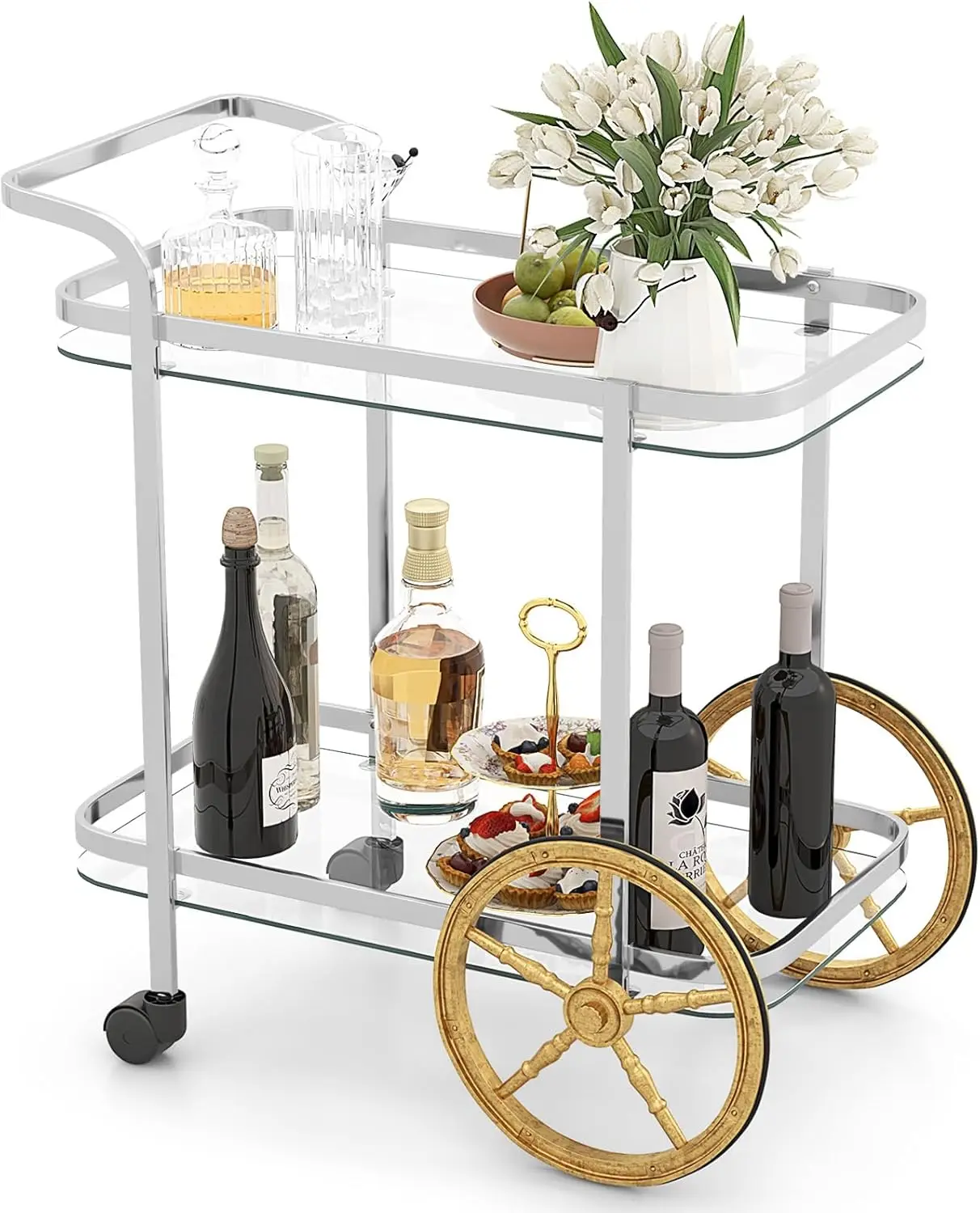 Tangkula Bar Cart For The Home, 2-Tier Rolling Tempered Glass Serving Cart, 2 Large Gold Aluminum Wheels & 2 Casters, Handle,