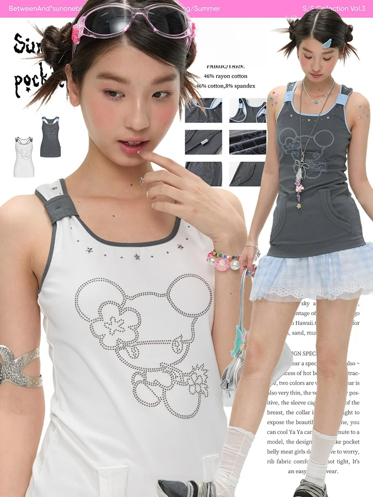 BENANDx Summer Dual Color Bead Pocketless Workwear Tank Top Women's Side Breast Concealing Top H-Shape Ventilation Clothing