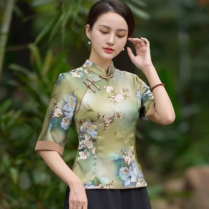 Cheongsam kadın artı boyutu üstleri 2024 yeni moda Polyester kumaş baskılar ekleme standı yaka çin tarzı Qipao gömlek kadın