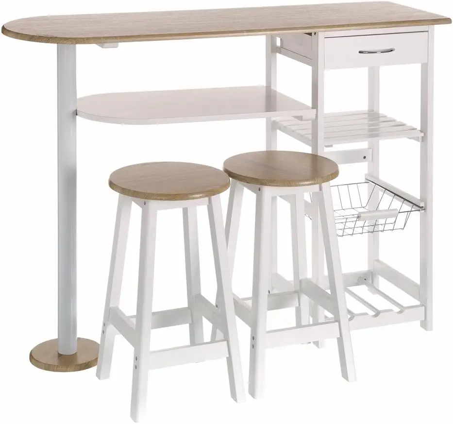 Conjunto de Mesa Alta y 2 taburetes con 1 cajón, 2 estantes, Cesta extraíble y botellero para Cocina de Madera Blanco y Natural