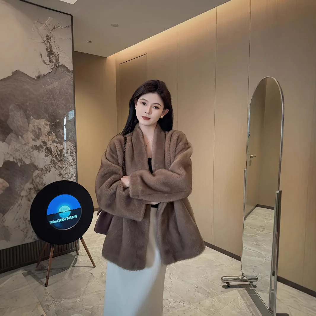 Faux Fur Coats Women Mid Length Coat Y2k Streetwear Elegant Jacket Loose Open Stitch Thick Warm Outerwear 2025 Autumn Winter