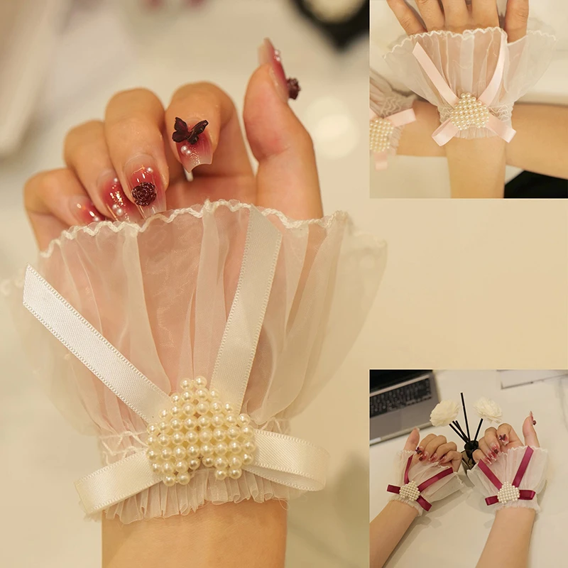 Bow Heart Pearl Sleeve Manicure Photo Background Wedding Tulle Cuffs Handheld Showing Decoration Nail Enhancement Photography