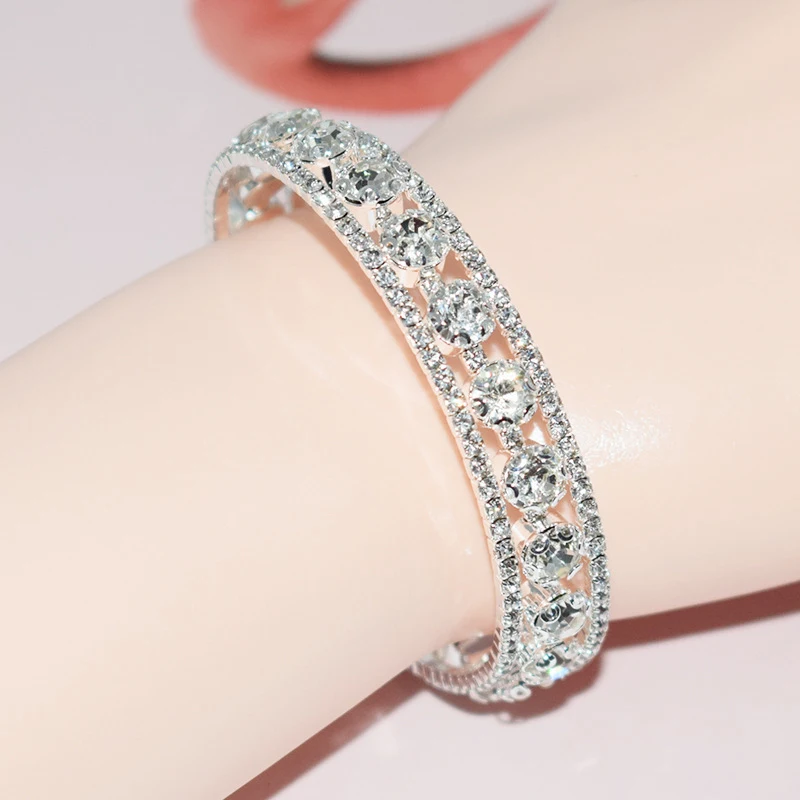 Fashion Crystal Bracelet for Women Wedding Bangle Hand Jewelry Multi-Layer Bridal Rhinestone Bracelet