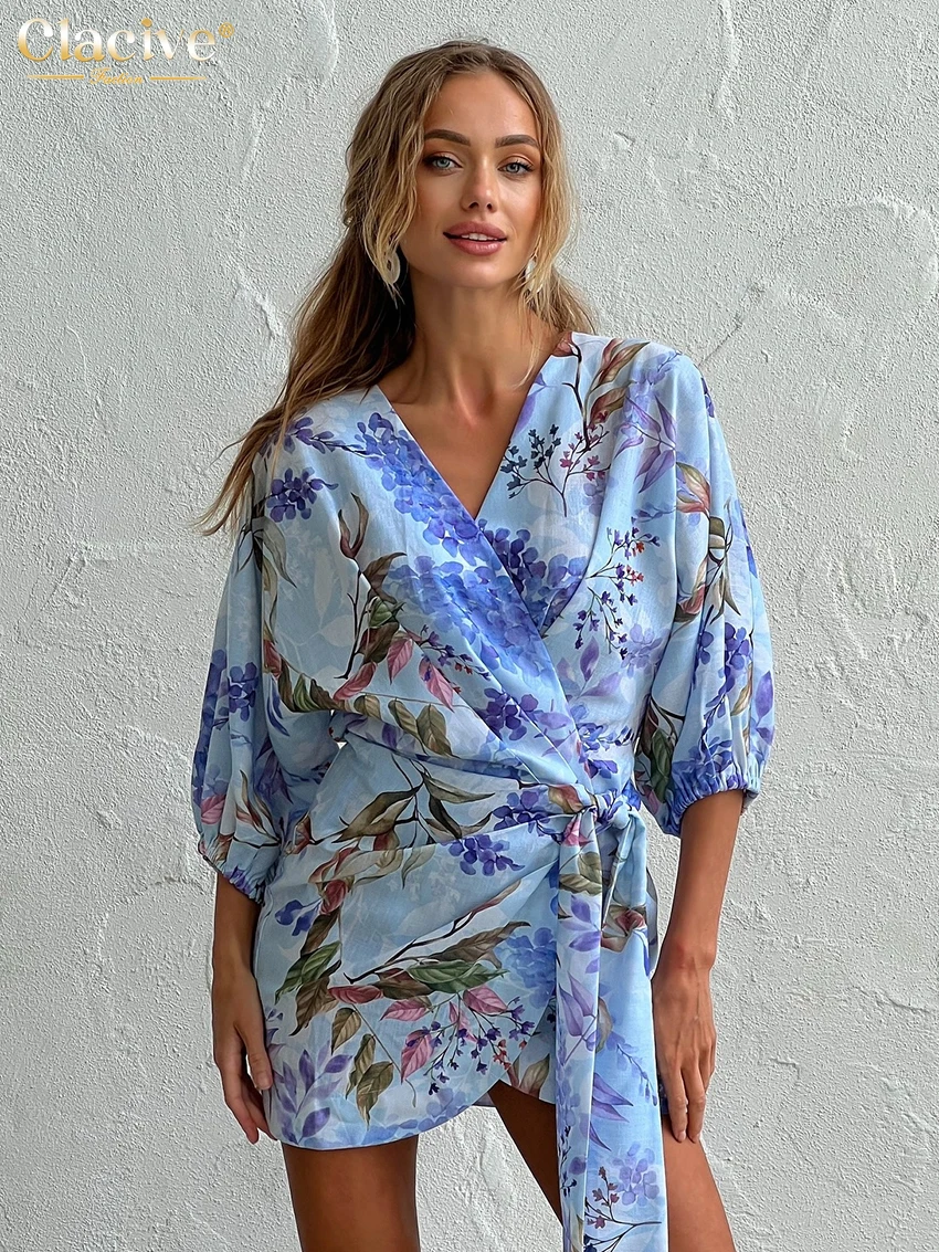 

Clacive Spring Loose Print Women Dress 2026 Sexy V-Neck Long Sleeve Mini Dresses Elegant Classic Lace-Up Female Dress Streetwear