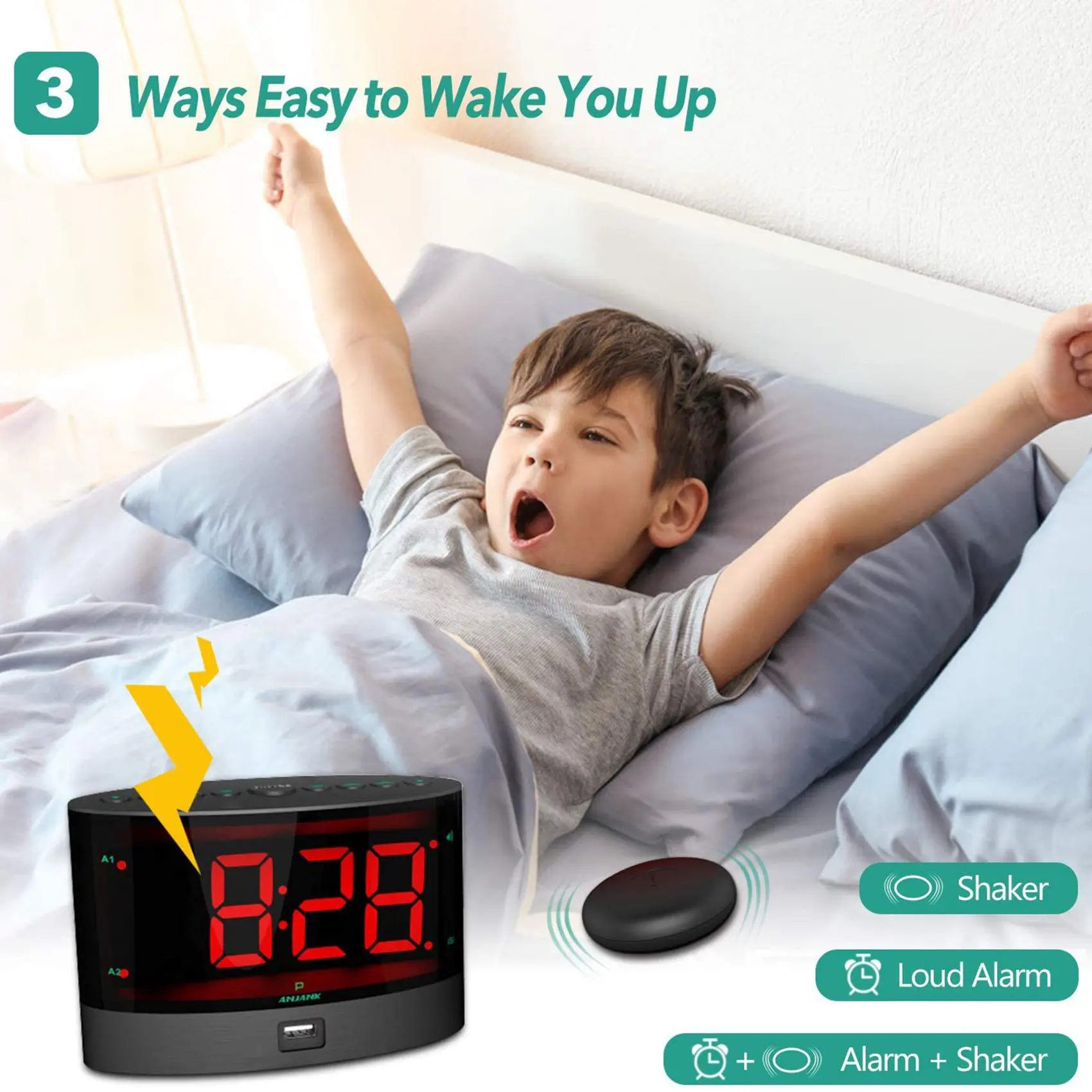 Extra Loud Alarm Clock with Wireless Bed Shaker Vibrating Dual Alarm Clock for Heavy Sleepers Deaf and Hearing-Impaired