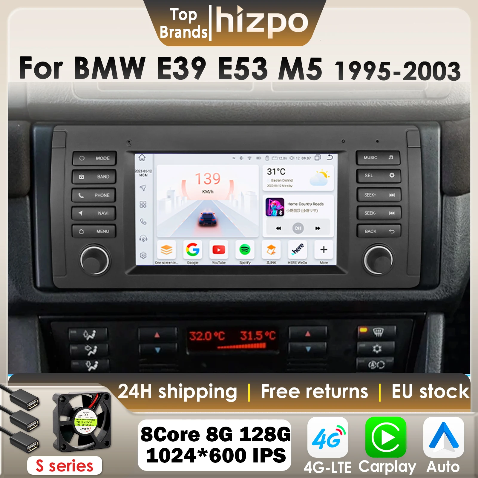 Hizpo 8G 128G 2Din Android 13 Auto Radio Für BMW E39 E53 M5 1995-2003 Auto multimedia GPS Drahtlose CarPlay AUTO DSP 4G-LET WIFI BT