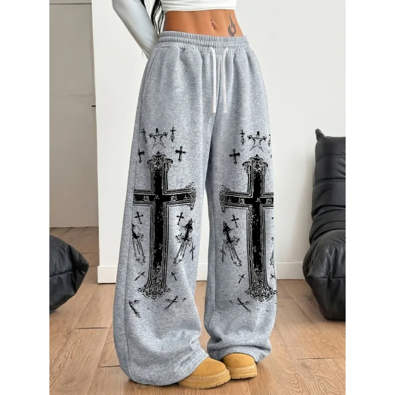 2026Unisex Quick Dry Straight Trousers Vintage Distressed Cross Sword Pattern Pants Y2K Gothic Hip Hop Streetwear Wide Leg Pants