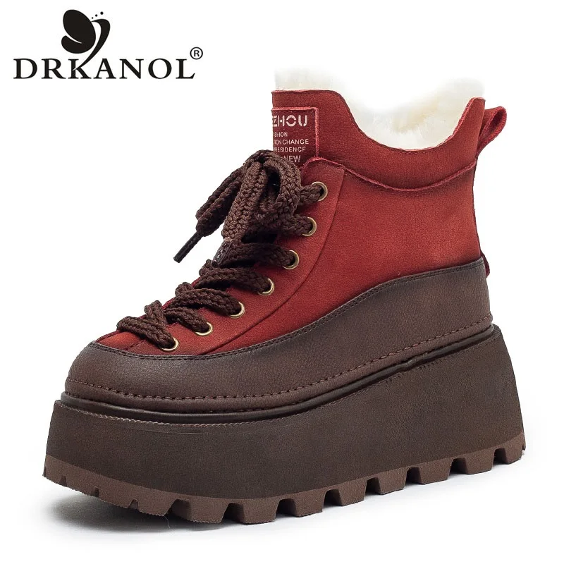 

DRKANOL Women Natural Wool Snow Boots Winter Thick Sole Platform Wedge Heel Height Increasing Mixed Colors Genuine Leather Boots
