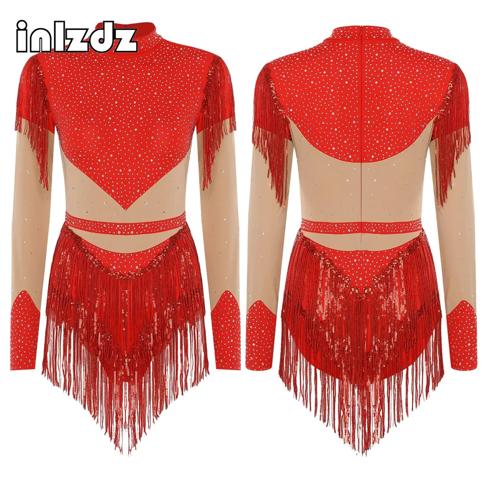 

Womens Figure Skating Rhinestone Bodysuit Sequin Tassel Long Sleeve Leotard Jumpsuit for Latin Chacha Rumba Dance Gymnastics